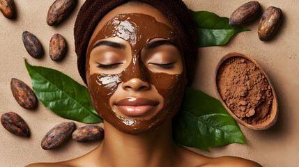 Luxurious cocoa butter face mask with natural cocoa powder, applied to a glowing model's skin, surrounded by cacao beans and leaves.