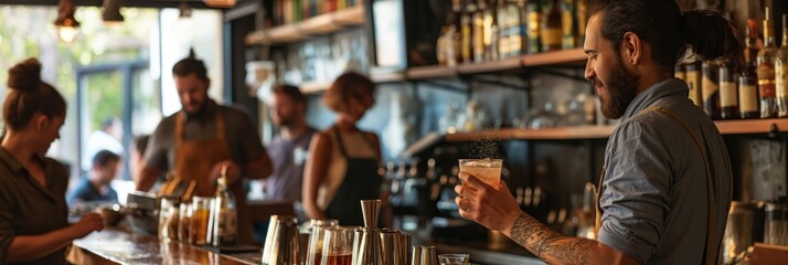 Bartender with tattooed arm holding a cocktail while preparing drinks at a busy bar, surrounded by various bottles and bar tools.