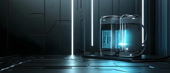 Obraz premium Advanced solid state battery charging technology showcased in a futuristic industrial setting digital artwork depicts clean metallic surfaces glowing blue accents