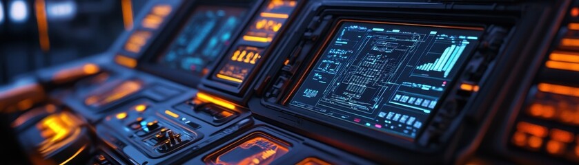 Naklejka premium A spaceship s control panel with holographic displays showing veins of light representing data flow