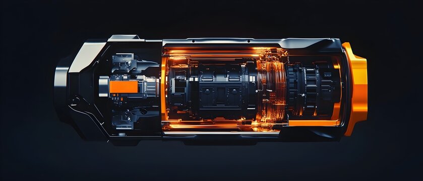 Cutting Edge Power Cell with Intricate Futuristic Circuitry and Sleek Safety Housing  Cinematic Cross Section Showcasing Advanced Internal Components and Clean Studio Lighting
