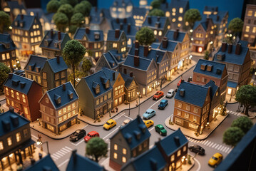 Obraz premium Captivating Close-Up Photo of Meticulously Crafted Cityscape Diorama with Intricate Buildings and Warm Illuminated Glow