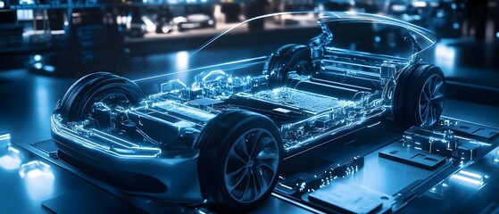 Fototapeta premium Advanced power cells housed in a sleek futuristic metallic casing featuring an intricate network of high efficiency circuitry and energy storage components