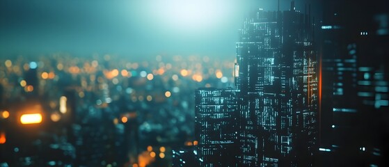 Fototapeta premium Innovative solid state power cells with advanced design and high energy density in a dynamic cyberpunk inspired urban cityscape featuring lighting and copy space for various applications