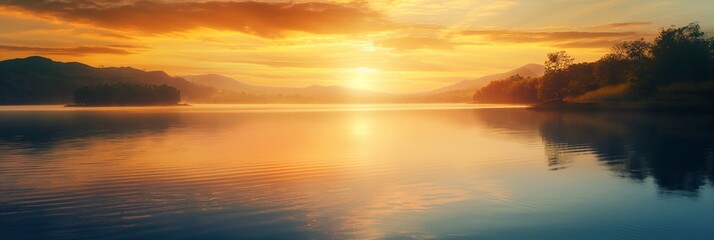 Fototapeta premium A tranquil lake view at sunset, with vibrant colors reflecting on the water surface, creating a serene, peaceful ambiance.