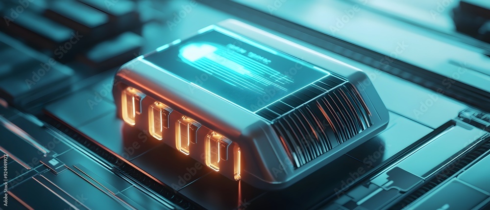 Poster dramatic image of a cutting edge futuristic power module featuring advanced battery technology rapid