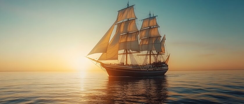 Captivating sunset scene showcasing the intricate sail handling techniques of a classic square rigged ship gracefully navigating the tranquil open ocean