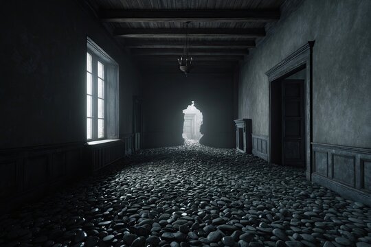 Gloomy Hall with Murky Pebbles and a Breach in the Attic