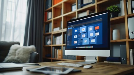 Modern Home Office Setup with Computer and Bookshelf