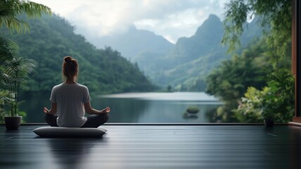 Fototapeta premium Person meditating in lotus pose in Zen garden, surrounded by nature.
