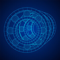 Roller bearing. Circular round rotating bearings used in industry for heavy equipment mechanical work and engineering. Wireframe low poly mesh vector illustration.