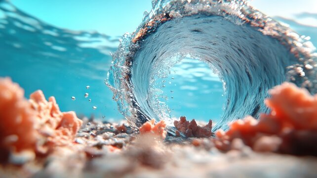 Surreal vision of underwater tunnel morphing into colorful textures.
