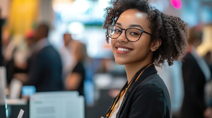 Naklejka premium Receptionist at a business conference, managing registration and providing information to attendees.