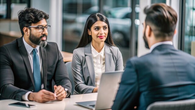 Indian HR specialist conducting an exit interview with departing employees.
