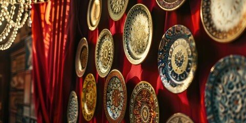 Fototapeta premium Authentic Oriental plates and red curtain as restaurant wall decoration showcasing interiors design and artwork encompassing various decorative elements in Arabian style to create a beautif