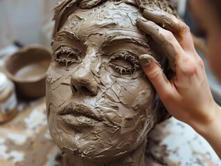 A woman's face is covered in clay, and her hand is resting on her forehead