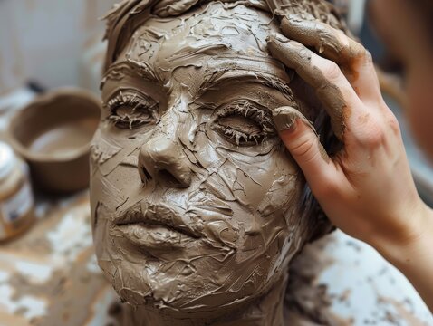A woman's face is covered in clay, and her hand is resting on her forehead