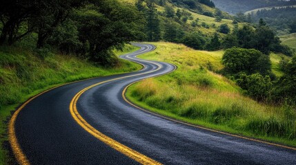 Fototapeta premium Rural road with faded yellow traffic lines winding through a lush green landscape.