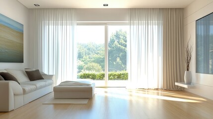 Fototapeta premium Simple, modern curtains framing a large living room window, enhancing the room's clean lines.