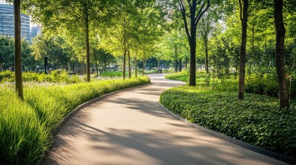 Obraz premium Smooth pavement path winding through a modern urban park, surrounded by green spaces