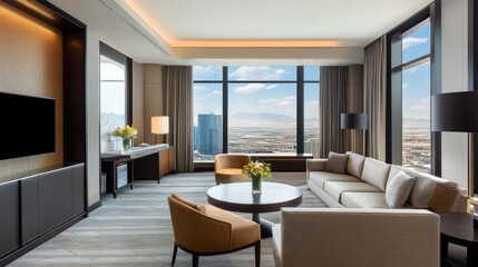 Spacious hotel suite with a living area, stylish decor, and floor-to-ceiling windows.