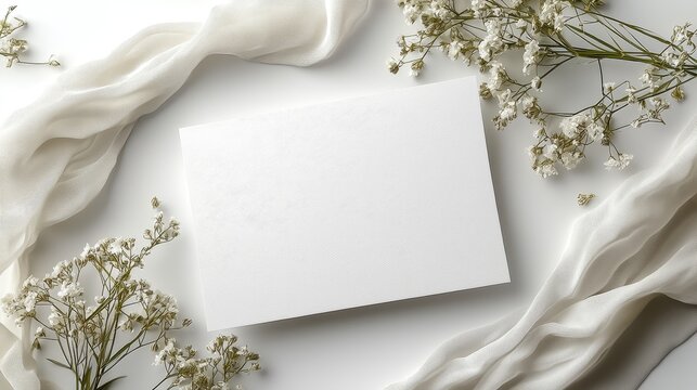 An elegant minimalist wedding invitation model, featuring neutral white, beige, and sage tones, surrounded by peaceful wedding table decorations, suitable for romantic themed artworks.