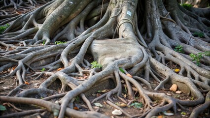 Fototapeta premium A Close-up View of Intertwined Tree Roots in a Forest