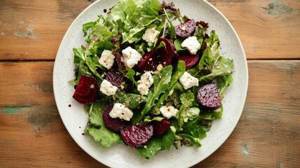 Top view of a salad with mixed greens, roasted beets, and goat cheese on a white ceramic plate.
