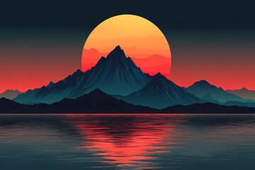 Obraz premium Silhouette of Mountains and a Sunset Reflected in a Calm Lake