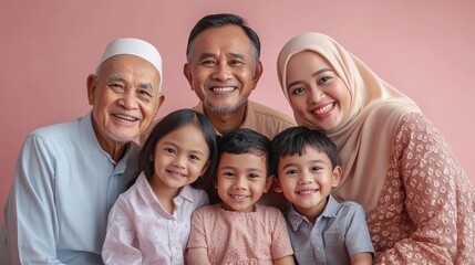 Obraz premium A happy family of six, including grandparents and children, smiles warmly together in a loving gathering