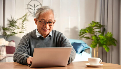 An elderly man operating a laptop. Image material of an elderly mature man operating a laptop.