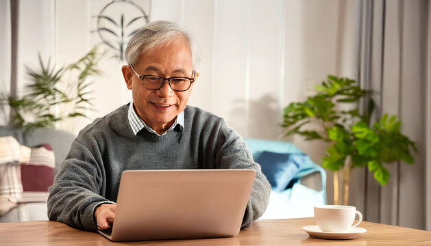 An elderly man operating a laptop. Image material of an elderly mature man operating a laptop.