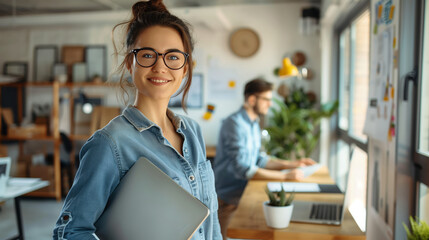 A young smiling woman in glasses holds an open laptop and looks at the camera on a white background