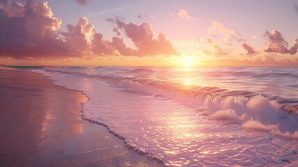 A serene beach scene at sunset with gentle waves lapping the shore and a tranquil atmosphere.