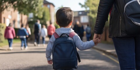 A child of 5 years old starting school for the first time in their new uniforms