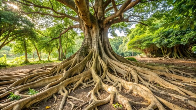 A Large Tree With Exposed Roots In A Forest