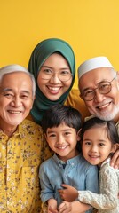 Obraz premium A family poses happily together, showcasing smiles and affection in front of a vibrant yellow background