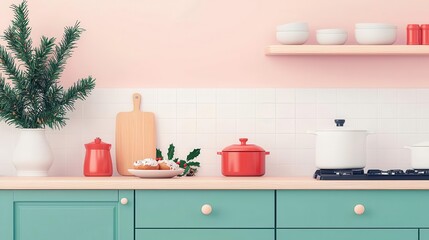 Christmas 2025, warm festive kitchen with holiday baking, cozy togetherness, flat design illustration