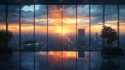 Fototapeta premium Futuristic Office Interior with Panoramic Cityscape View Through High-Rise Windows, Ultra-Realistic and High-Detail Design, Showcasing Modern Urban Architecture and Advanced Office Environment.