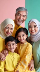 Obraz premium A cheerful family smiles together, dressed in matching yellow and pastel outfits, exuding love and warmth