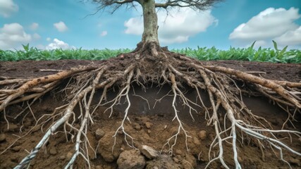 Tree Roots Exposed in Soil with Blue Sky Background