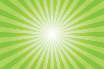 Green background with sun ray. Pattern of starburst. Abstract bright green texture with light of sunburst. Radial beam of sunlight. Retro background with flash. Design of sunbeams. Vector.