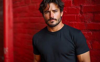 Fototapeta premium Realistic Black T-Shirt Mockup on Young Man for Advertising