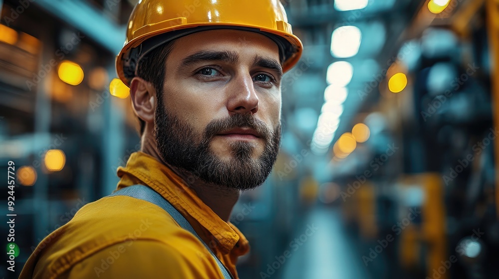 Poster The production manager standing by the control panel is controlling the manufacturing process in a modern industrial factory with robotics and automation.