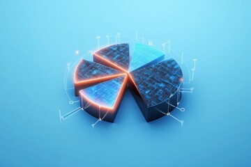 A 3D pie chart features a segmented network with axis lines connecting each slice.