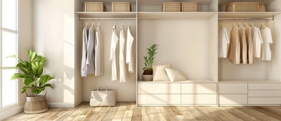 A bright, minimal closet with clothes hanging on hangers, and a potted plant.
