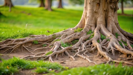 Tree Roots Spreading Outward in a Lush Green Meadow