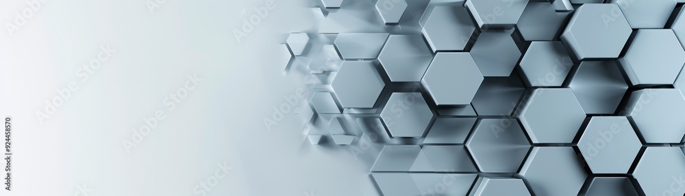 Poster a sleek 3d hexagon design with a monochromatic color scheme, providing a large copyspace area at the