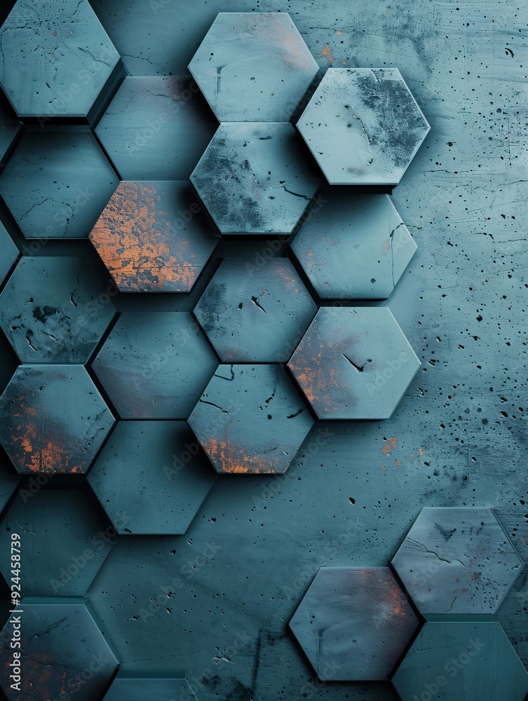 Poster a textured 3d hexagon pattern with a blend of cool and warm tones, offering an expansive copyspace a