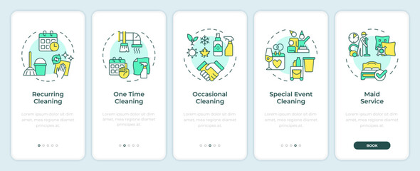 Types of cleaning services onboarding mobile app screen. Walkthrough 5 steps editable graphic instructions with linear concepts. UI, UX, GUI template. Montserrat SemiBold, Regular fonts used